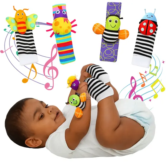 Kit 4 peças Meias e Pulseiras com Chocalho de Pelúcia para Bebês