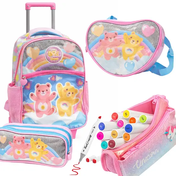 Kit Mochila Escolar Infantil De Rodinhas Ursinhos com Lancheira Térmica e Estojo