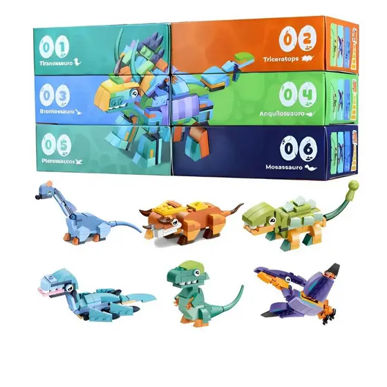 Brinquedo de Montar Dinossauro com 6 Modelos – Blocos de Encaixe Infantil Educativo
