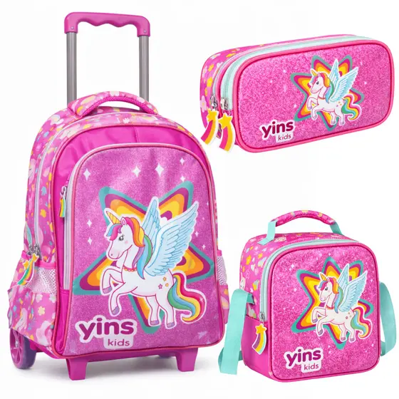 Kit Mochila De Rodinha Unicornio com Lancheira e Estojo