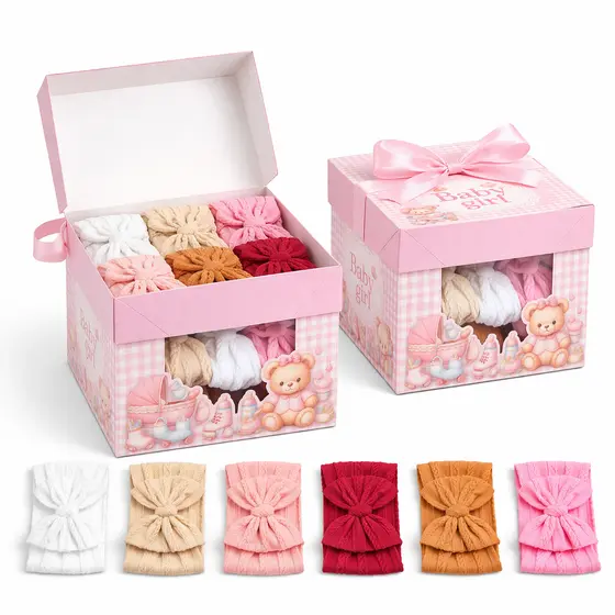 Kit 6 Faixas de Bebê Menina com Laço Nylon Texturizado Macio Elástico Caixa Presente Maternidade