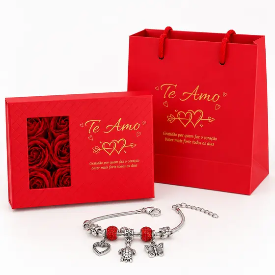 Kit Presente Dia dos Namorados Te Amo Pulseira Charm Feminina com Caixa de Rosas e Sacola Premium