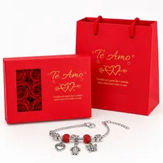 Kit Presente Dia dos Namorados Te Amo Pulseira Charm Feminina com Caixa de Rosas e Sacola Premium