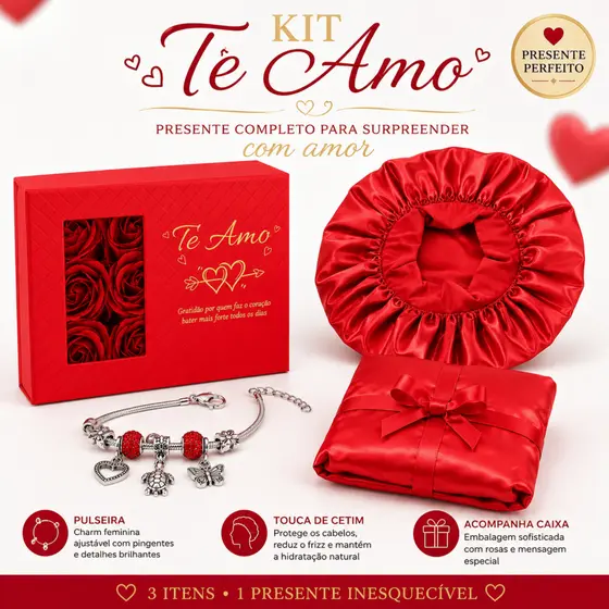 Kit Presente Dia dos Namorados Pulseira e Touca de Cetim com Caixa de Rosas e Sacola Premium