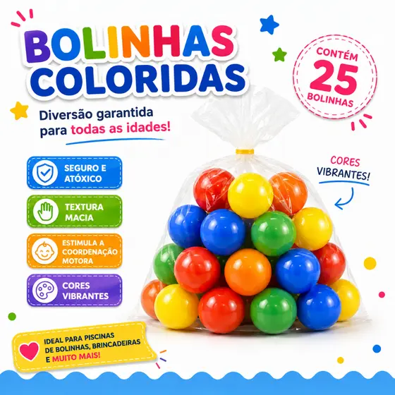 kit 25 Bolinhas Plásticas Coloridas - Leves, Resistentes e Divertidas