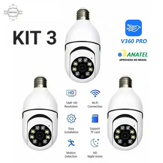 Kit Câmera de Segurança WiFi 360° Full HD À Prova D'água Visão Noturna App V360 PRO 8177