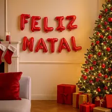 Balão Natal Feliz Vermelho Enfeite Jantar Letra Pendura Parede Porta Bexiga Decoração Festa Natalina