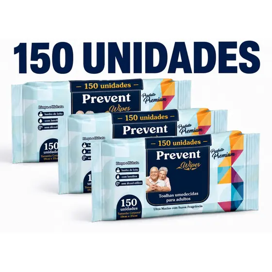150 un Kit com 3 pacotes Toalha Umedecida Geriátrica Prevent 50un