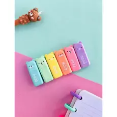 kit 5 mini marca texto escolar ursinho fofo com estojo plástico fluorescente kawaii