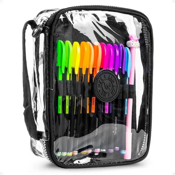 Estojo Escolar Necessaire Transparente Cores porta lápis 12 espaços