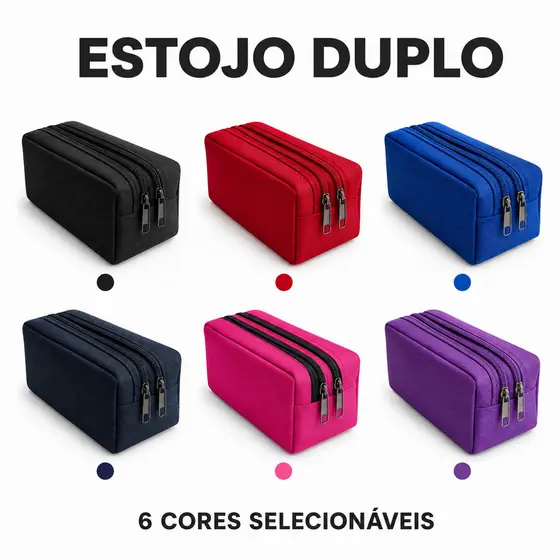 Estojo Escolar 2 Divisórias Zíper Duplo Diversas Cores Estojo Feminino e Masculino