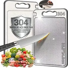 Tábua de Corte Aço Inox 304 Higiênica Antibacteriana Dupla Face com Base Antiderrapante com Alça e Base para Cozinha