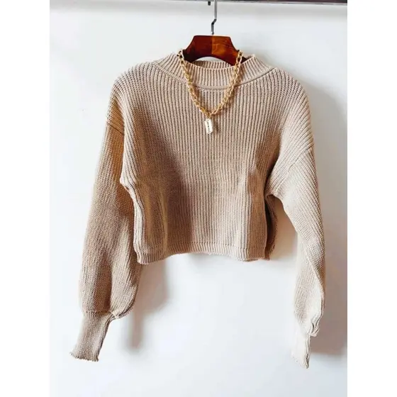 Blusa Cropped Tricot Feminina Ponto Fang Manga Bufante Gola alta Redonda Inverno
