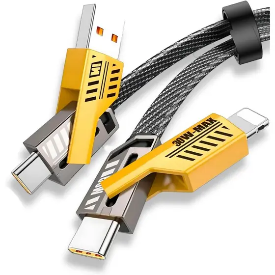 Cabo Turbo Tipo C para iPhone Xiaomi Samsung USB 4 em 1 Turbo 65W/PD 27W  Revestida de Nylon