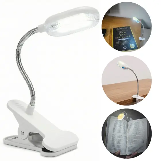 Luminária LED de Leitura com Clip, flexível e portátil. Luz branca potente,ideal para livros,estudos