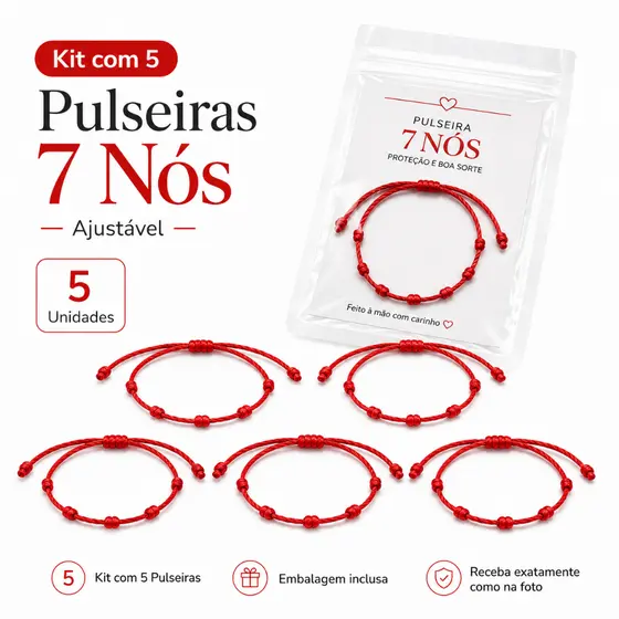Kit 5 Pulseiras Vermelha 7 Nós Kabbalah Contra Mal Olhado Inveja Adulto Regulável