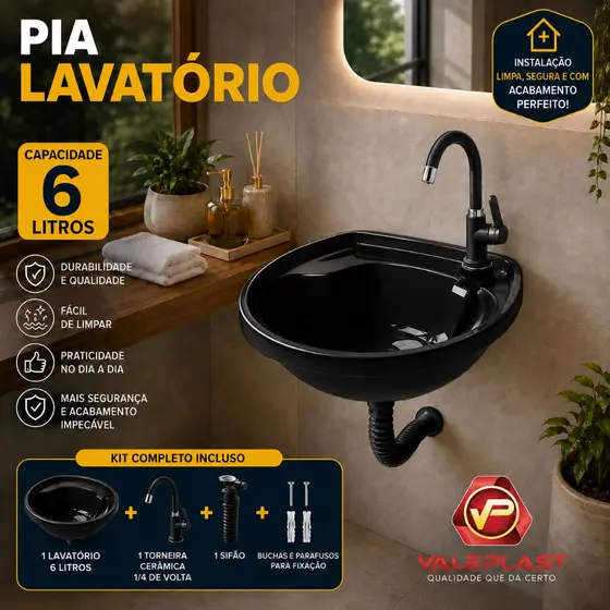 Lavatório Completo 6L Pia Sifão Torneira Plástico Válvula Acoplada Bucha Parafuso Cuba Banheiro