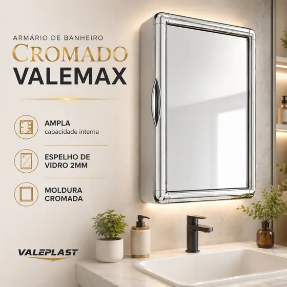 Armário Banheiro Plástico Espelho Vidro 2mm Moldura Cromada Branco Preto Espelheira Sobrepor Embutir parafusos buchas