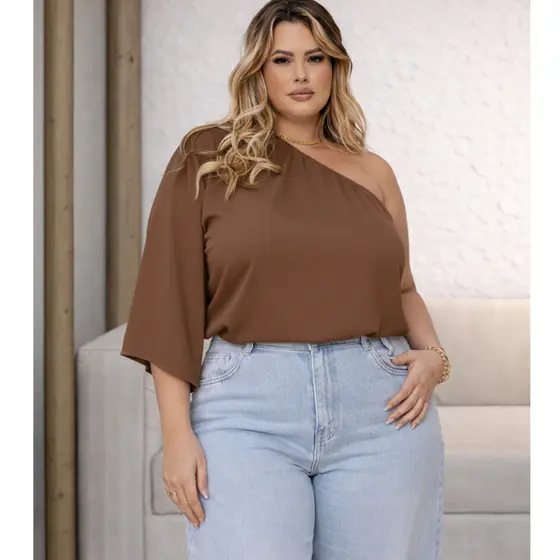 Blusa Plus Size Boho Um Ombro Só Feminina Elegante Manga Ampla Casual Estilosa Elegante Assimétrica