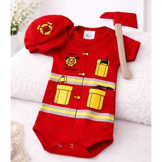 Body Bebê Bombeiro Fantasia Infantil Masculino Roupa Temática Mesversário