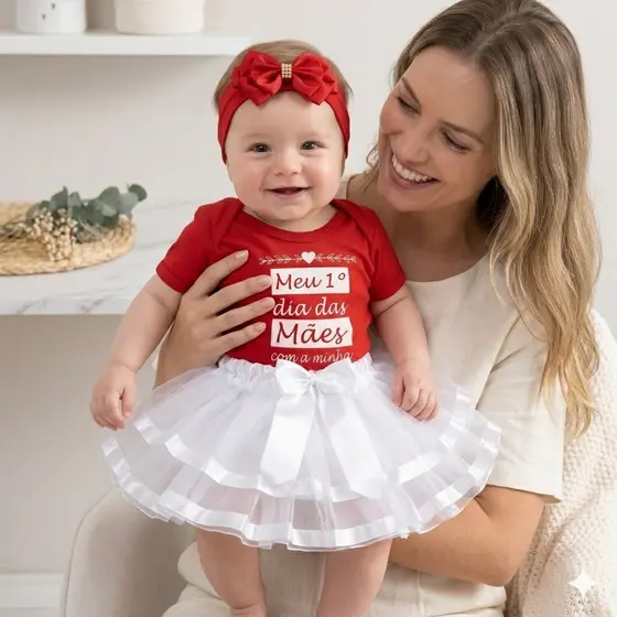 Body Bebê Temático Meu Primeiro Dia Das Mães Saia Tutu Luxo Laço Faixa de Cabelo Menina Mesversário