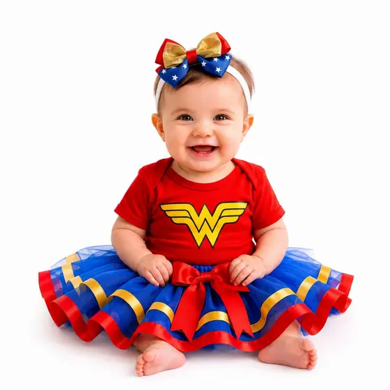Body Bebê Fantasia Mulher Maravilha Luxo com Saia Tule e Laço – Body Infantil Menina Super Heroína