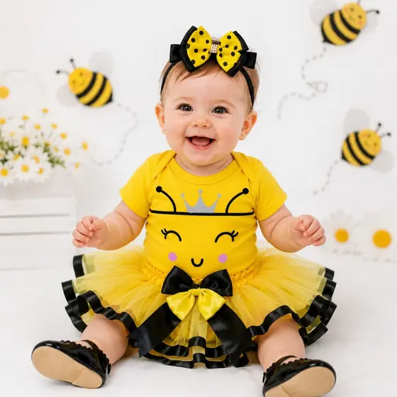 Body Bebê Temático Abelhinha Roupa Infantil + Saia Tutu + Laço Mêsversário