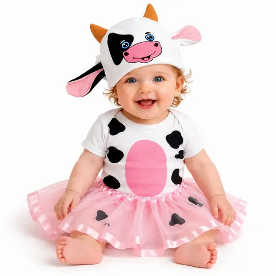Kit Fantasia Vaquinha Bebê Body Touca Saia Tutu Menina Mesversario Infantil