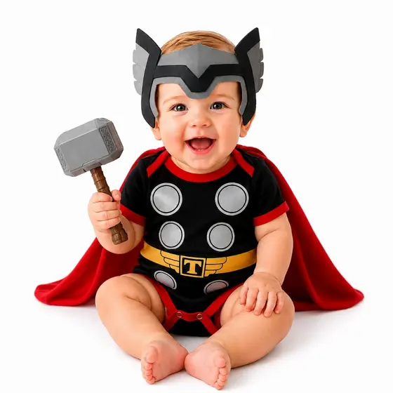 Kit Body Thor Bebê Mesversário Completo  Capa + Máscara + Martelo  Tecido 100% Algodão