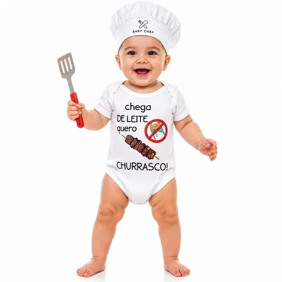 Body Chega de Leite Quero Churrasco Bebê + Touca + Espátula Mesversario
