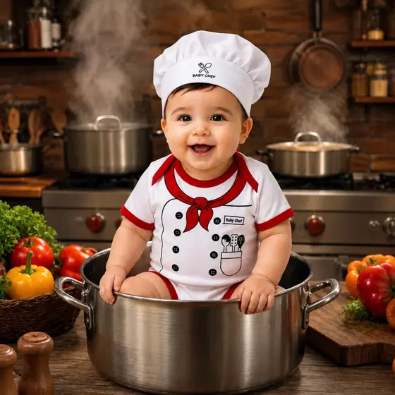 Kit Fantasia Body Bebê Mesversario Baby Chef + Touca + Espátula