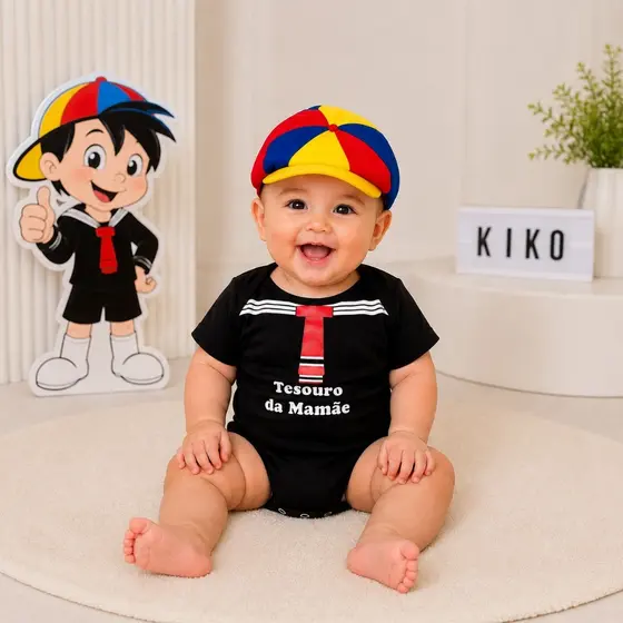 Body Bebê Kiko Tesouro da Mamãe + Boina Infantil Bori Mesversário