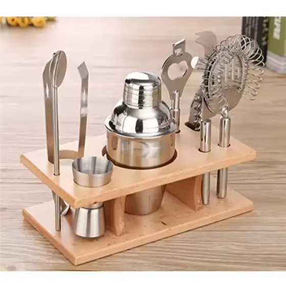 Kit para drinks e coquéteis com 9 peças e suporte de madeira premium - Perfeito para todas as ocasiões e presentear