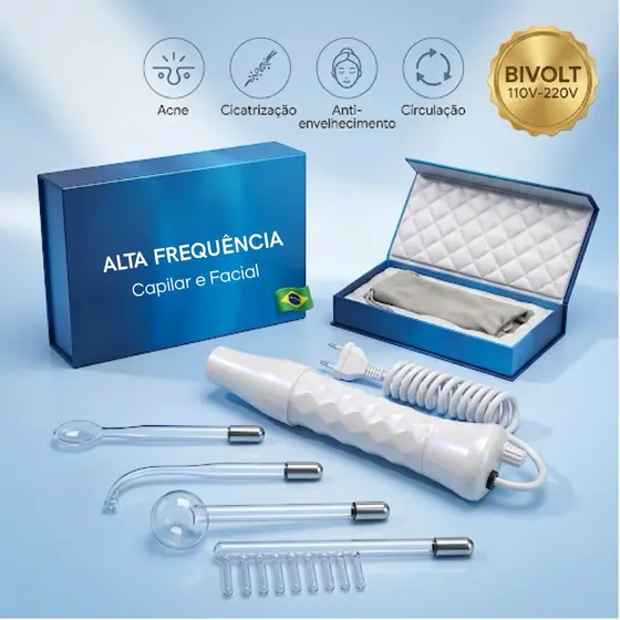 Alta Frequência Portátil Bivolt com 4 Eletrodos Tratamento Facial, Capilar e Limpeza de Pele