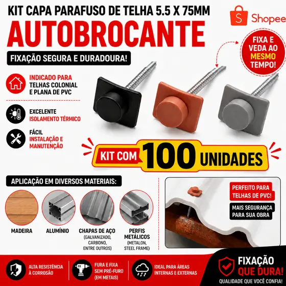 Kit Capa Parafuso Telha 5.5 x 75mm Auto Brocante 100 Peças