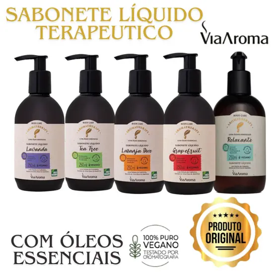 SABONETE LIQUIDO NATURAL VEGANO, TERAPEUTICO COM ÓLEOS ESSENCIAIS, MULTI BENEFICIOS- VIA AROMA 250ML