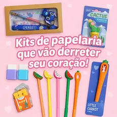 PAPELARIA FOFA, MATERIAL ESCOLAR, KIT CANETA FOFA, BORRACHAS,  LAPIS, MARCA TEXTO PAPELARIA CRIATIVA