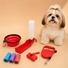 Kit Passeio Cachorro Pet Completo Comedouro Bebedouro Portátil Guia Retrátil Porta Saquinho e Refil