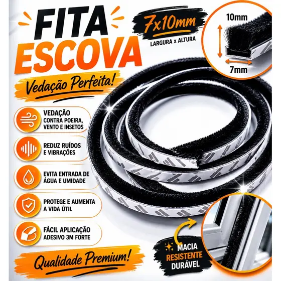 Fita Veda Frestas Escova Adesivo3M 7x10 e 5x7 P/ Portas,Janelas,sacada,vidros insetos,Vento,Poeira,Ruidos
