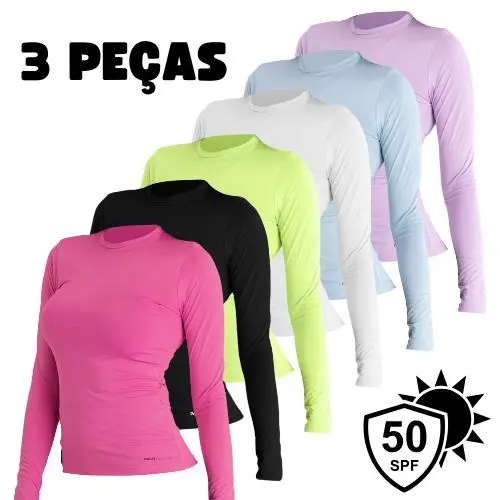 3 Camisetas Manga Longa Feminina Com Proteção UV 50+ Blusa Térmica Malha Fria Segunda Pele Academia