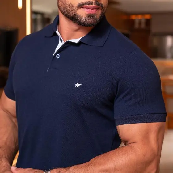Camisa Polo Masculina Premium Slim Fit Algod茫o Piquet Casual Elegante Azul Marinho