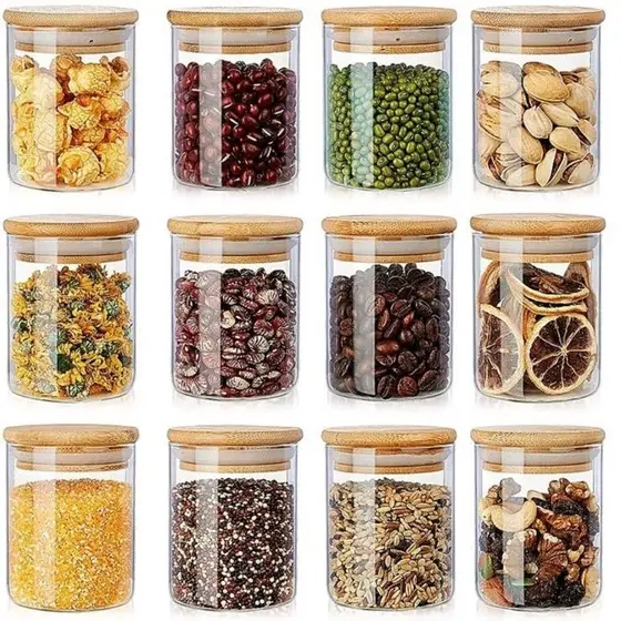 6 Potes de Vidro Hermético com Tampa de Bambu 250ml para Temperos e Alimentos