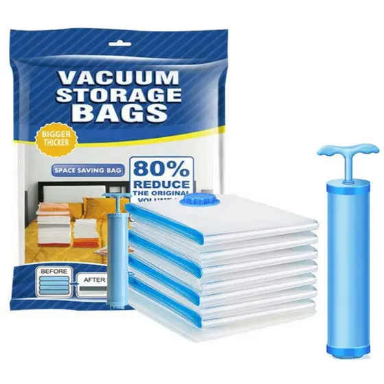 Kit 3 Pçs Saco a Vacuo Com Bomba Guarda Roupa Edredom Cobertor Malas Viagem Organizador Reforçado