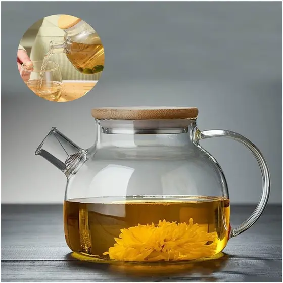 Chaleira de Vidro 1 Litro Coador Tampa de Bambu Premium Resistente a Calor de ir Fogo Bule infusor