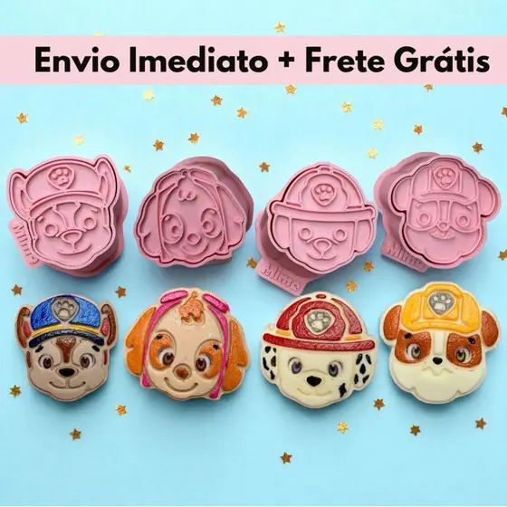 Kit 4 Modeladores Ejetores Cachorros Patrulheiros para Brigadeiro, Doce, Massa e Biscoito