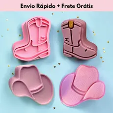 Kit 2 Modeladores Ejetores Bota e Chapeu Cowboy Boiadeira Vaqueira, Festa Doce, Brigadeiro 4 peças