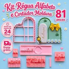 Kit Régua Alfabeto Elita Letras Números eCortador Moldura Espelho para Doce Personalizado - 81 peças
