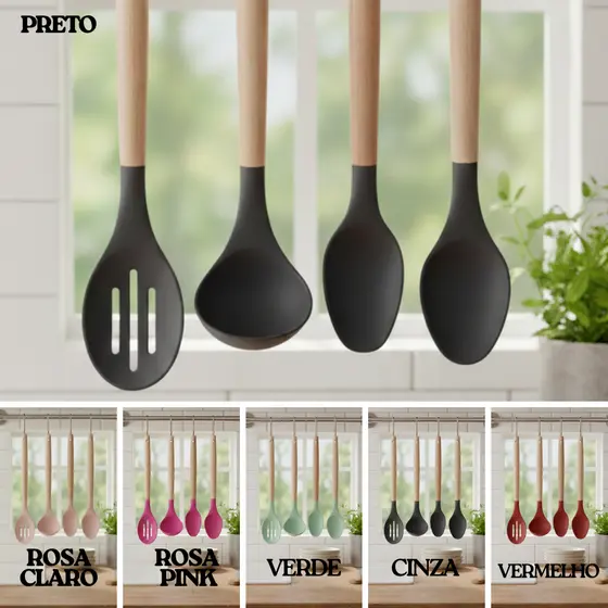Kit Jogo de Cozinha 12 peças Silicone e Madeira Utensilios Completo Itens Essenciais Premium