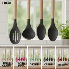 Kit Jogo de Cozinha 12 peças Silicone e Madeira Utensilios Completo Itens Essenciais Premium