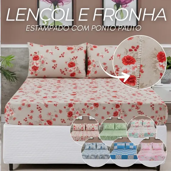 Jogo de Cama 400 Fios Estampado Lençol de Elástico e Fronha com Ponto Palito Acabamento Premium